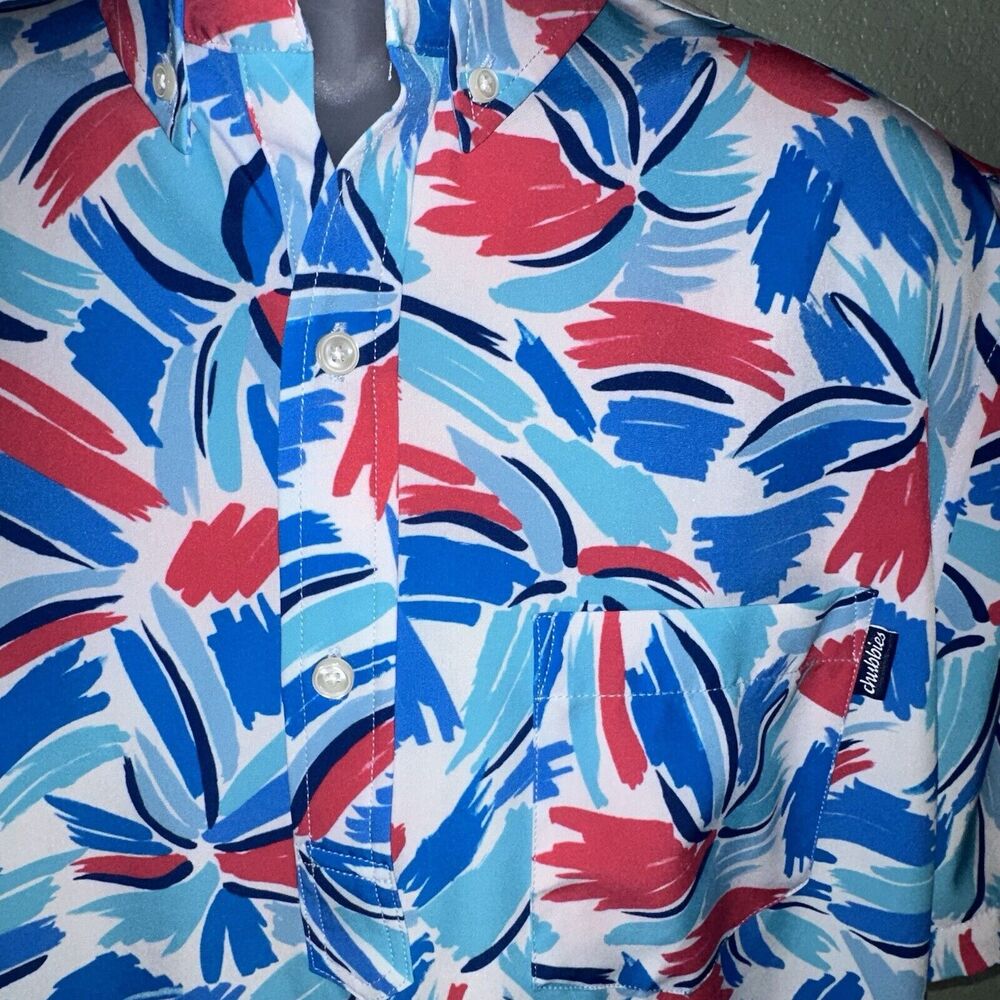 Chubbies Bright Blue Pink Patterned Performance Short Sleeve Polo Shirt L 0628